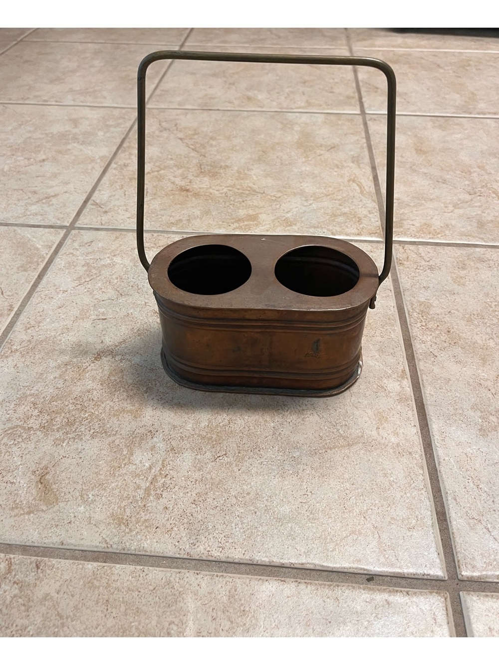 Vintage Copper Brass Double Wine Bottle Cooler Basket Bucket W Handle Farmhouse